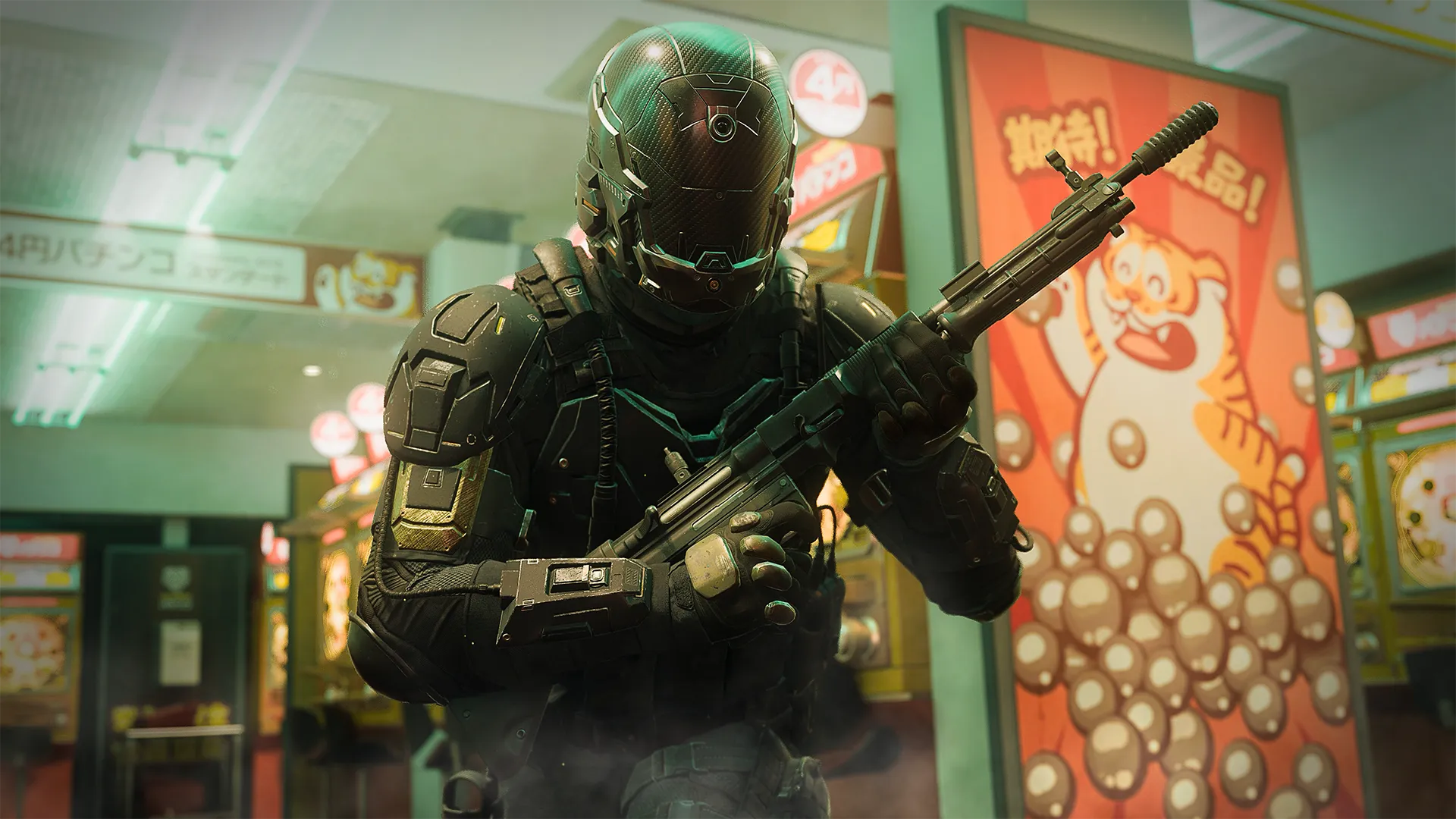 A Black Ops 7 operator holds the Season 5 FG42 assault rifle inside the Jubilee pachinko arcade.