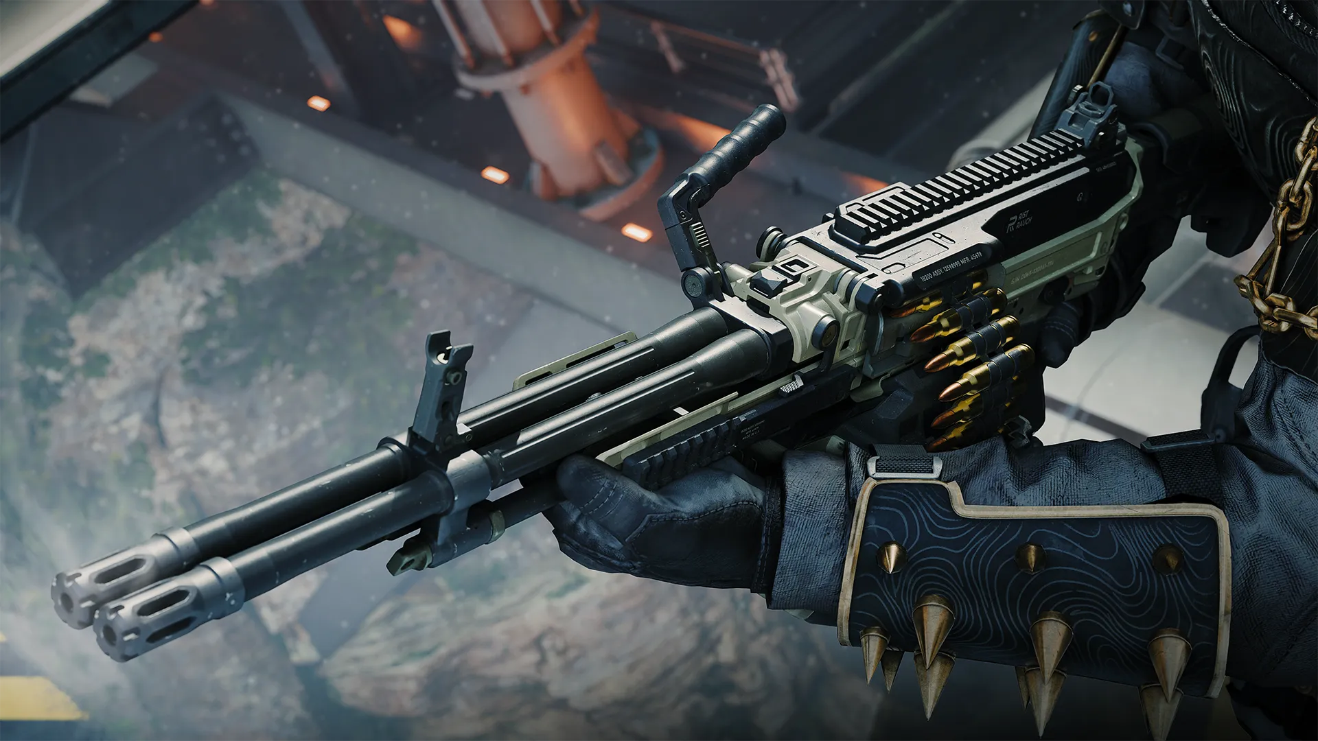 Close view of the Black Ops 7 Mammoth light machine gun with its twin reciprocating barrels and exposed ammunition belt.